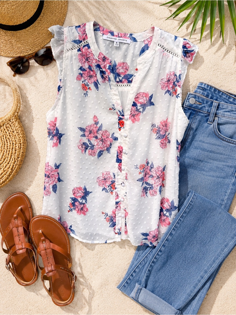 Collective Concepts White Blouse with Pink & Navy Floral Trim